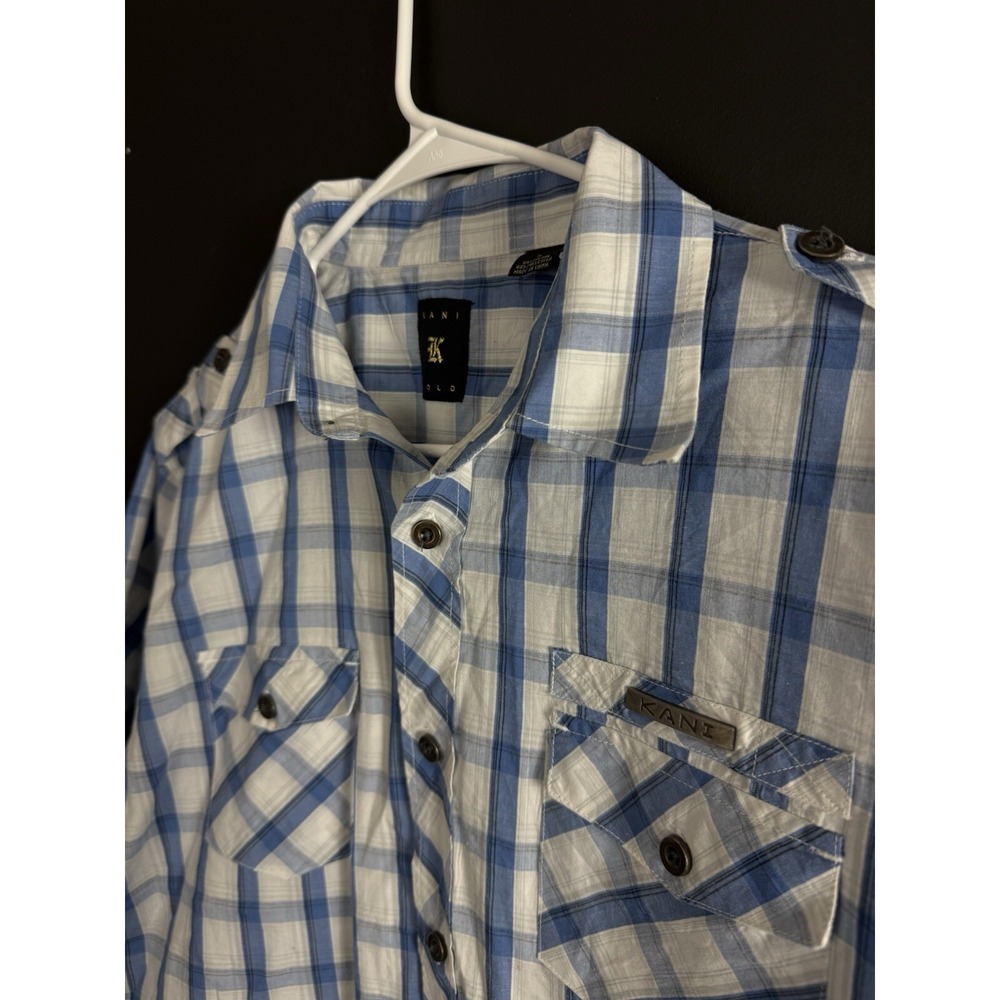 Karl Kani Gold Shirt Mens L Blue Plaid Short Sleeve Button Up Casual Western